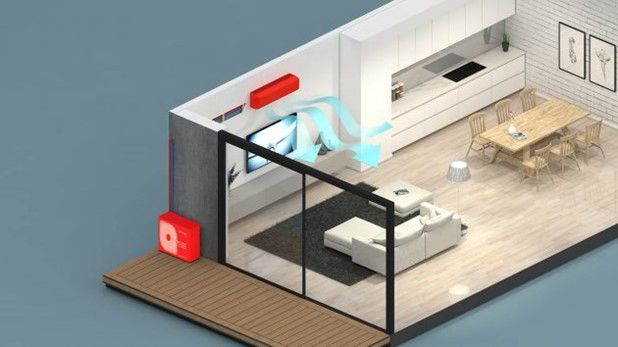 Isometric view of house interior showing heat pump in action